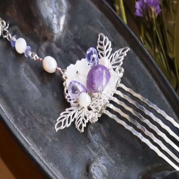 Amethyst Hair Comb | Handcrafted Traditional Hair Clip Comb Retro Style - Picture 4 of 4